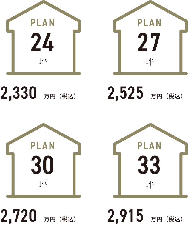 平屋プラン 24坪2190万、27坪2340万、30坪2490万、33坪2640万